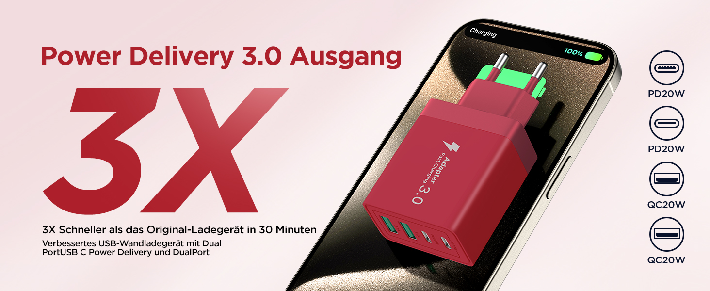 Зарядний пристрій USB-C 4-портовий 40W з Quick Charge для iPhone, Samsung та інших пристроїв (Червоний)