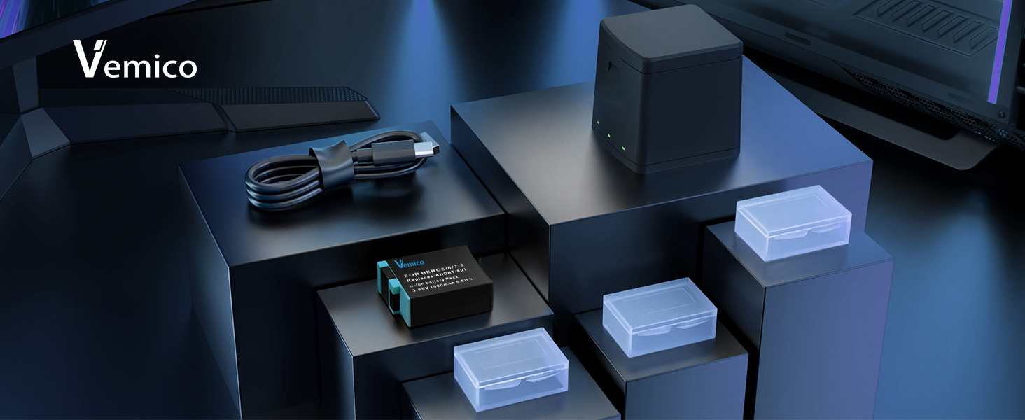 Зарядний комплект Vemico Hero 8: 3 акумулятори 1500 mAh, 3-канальна зарядна станція з Type-C USB, захисний ковпачок, сумісний з Hero 8/7/6/5/AHDBT-801