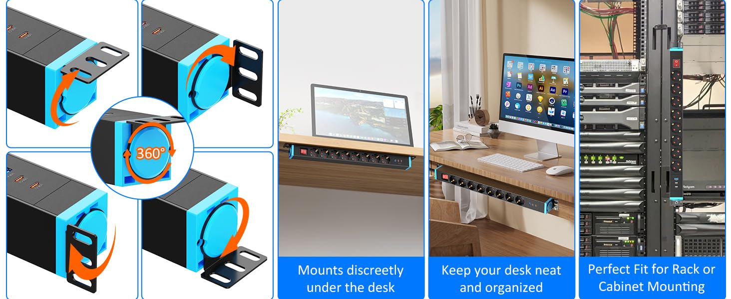 Мережевий фільтр із захистом від перенапруги, 10 розеток, поворотний на 360°, для стін, 1.8м, 16A/4000W, для офісу та дому, чорний