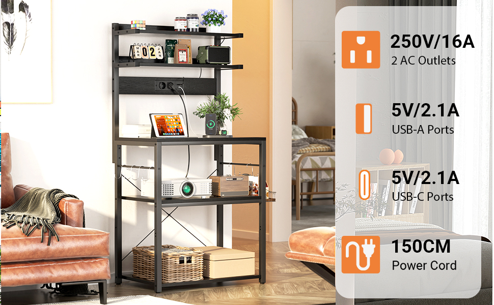 Кухонна полиця-стійка з розеткою, підставка для мікрохвильовки, 5-ярусна кавобар з LED-підсвічуванням, полиця для спецій, каструль та сковорідки (60 см, чорний)