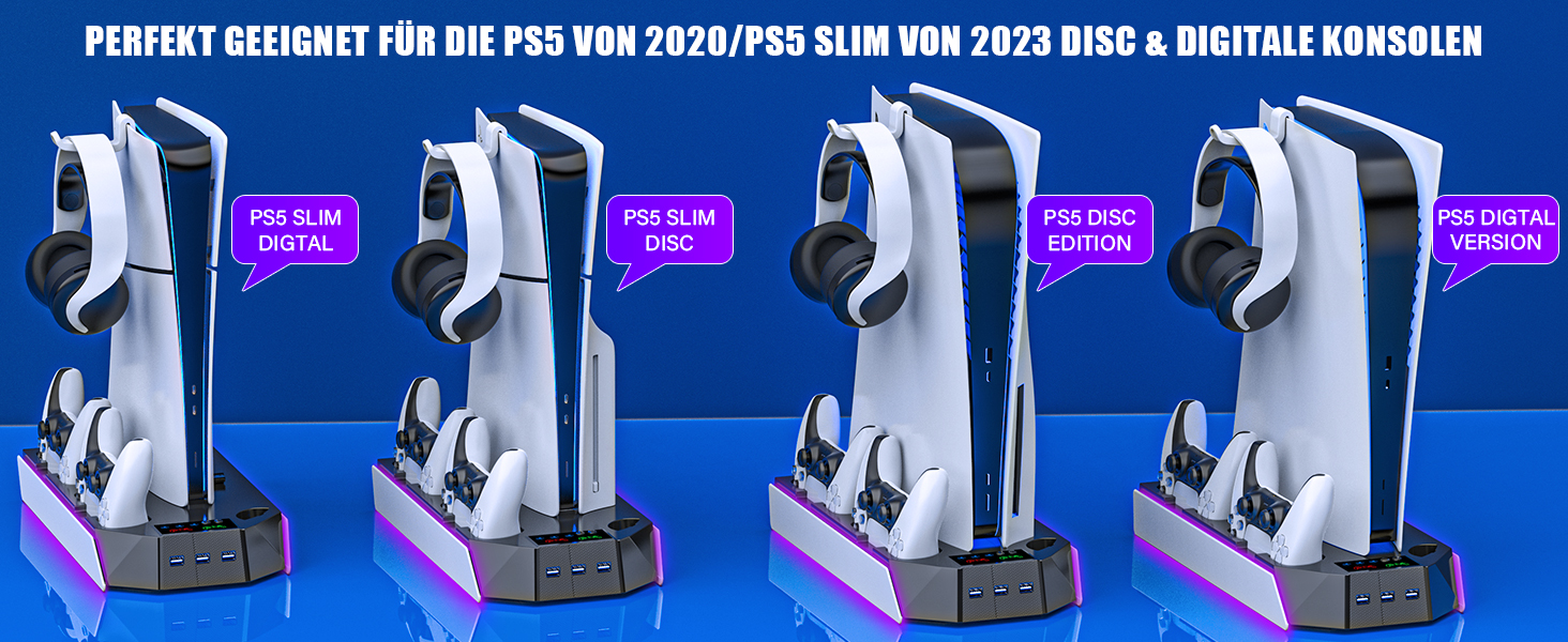 Підставка для PS5 Slim/Pro з зарядною станцією для контролера PlayStation 5 (Disc/Digital), аксесуари PS5 з RGB підсвіткою, вентилятор, тримач для навушників, USB хаб, чорно-білий, Q511