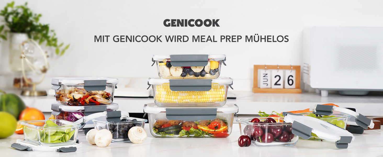 Скляні контейнери для зберігання їжі з кришками набір Frischhaltedosen: Meal Prep, мікрохвильова піч, морозилка, посудомийка, сірі