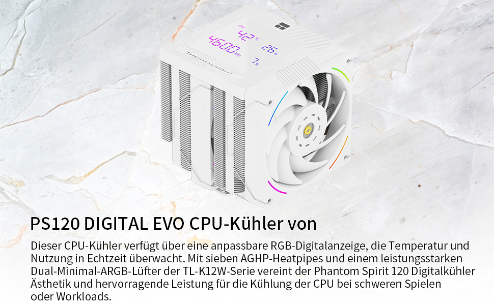 TR Phantom Spirit 120 Digital - Кулер для CPU з цифровим дисплеєм, 7 теплових трубок, сумісний з AM4/AM5/Intel lga1851/1700/1150/1151/1200/2011