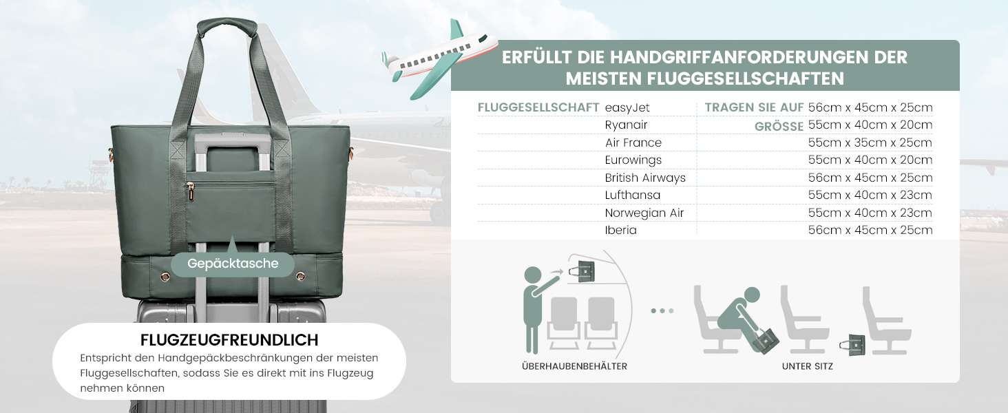 Сумка-валіза LOVEVOOK для жінок, водонепроникна, 42L, зелено-бежева. Ідеальна для подорожей, спортзалу, пологів та Ryanair. Має відділення для взуття та клінічна сумка.