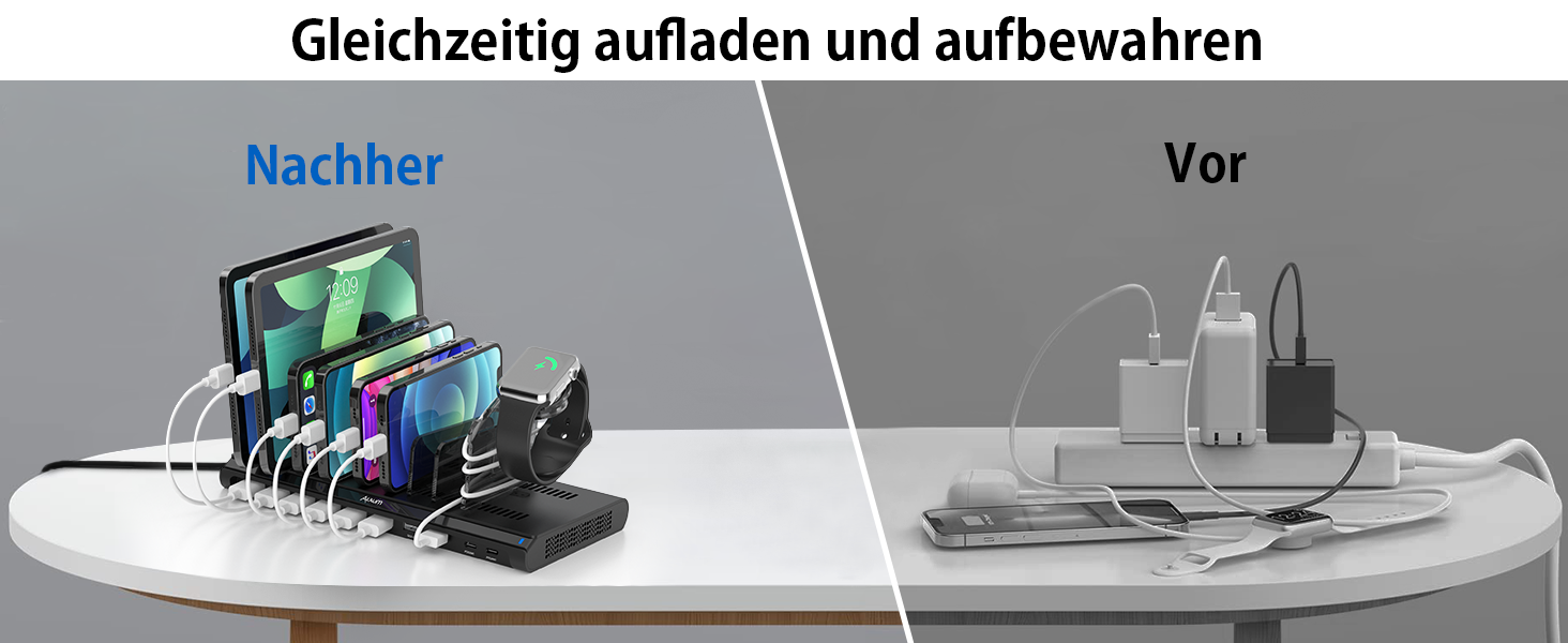 Зарядний пристрій Alxum 96W USB-C на 10 портів: швидка зарядка для телефонів, планшетів (PD 18W x2, QC 3.0 x2) - чорний