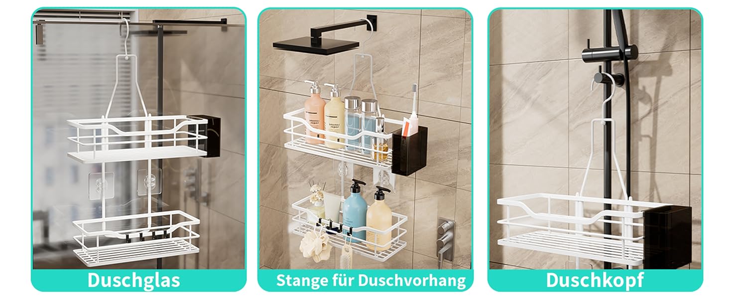 Настінна поличка для душу HapiRm з 4 гачками - органайзер для шампуню та засобів для душу, білий