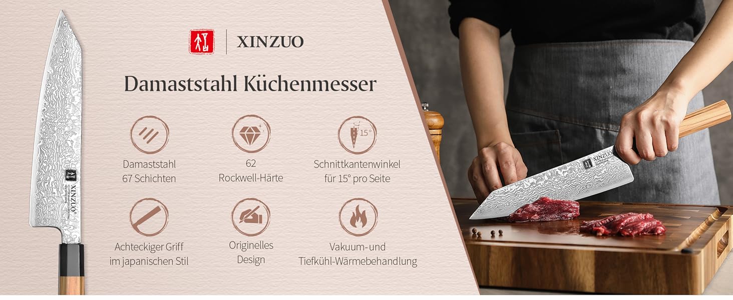 Японський ніж Kiritsuke XINZUO з дамаської сталі, 21.5 см, Gyuto, ручка з оливкового дерева та чорного рогу буйвола, ручна робота, з піхвою