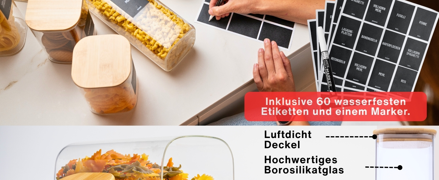 Скляні банки для зберігання Deco haus® з кришкою, набір 6 шт. [+ЕТИКЕТКИ] - 10x21 см