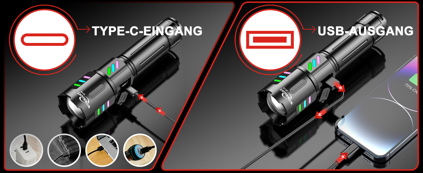 Ліхтар LED акумуляторний тактичний, 500000 люмен, 5 режимів, плавне регулювання яскравості, для кемпінгу та надзвичайних ситуацій, чорний