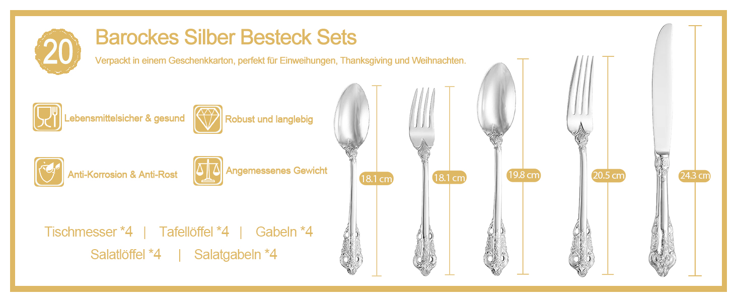 Посуд столовий срібний Barock 18/10 з нержавіючої сталі, набір 20 предметів (виделки, ложки, ножі) в подарунковій коробці