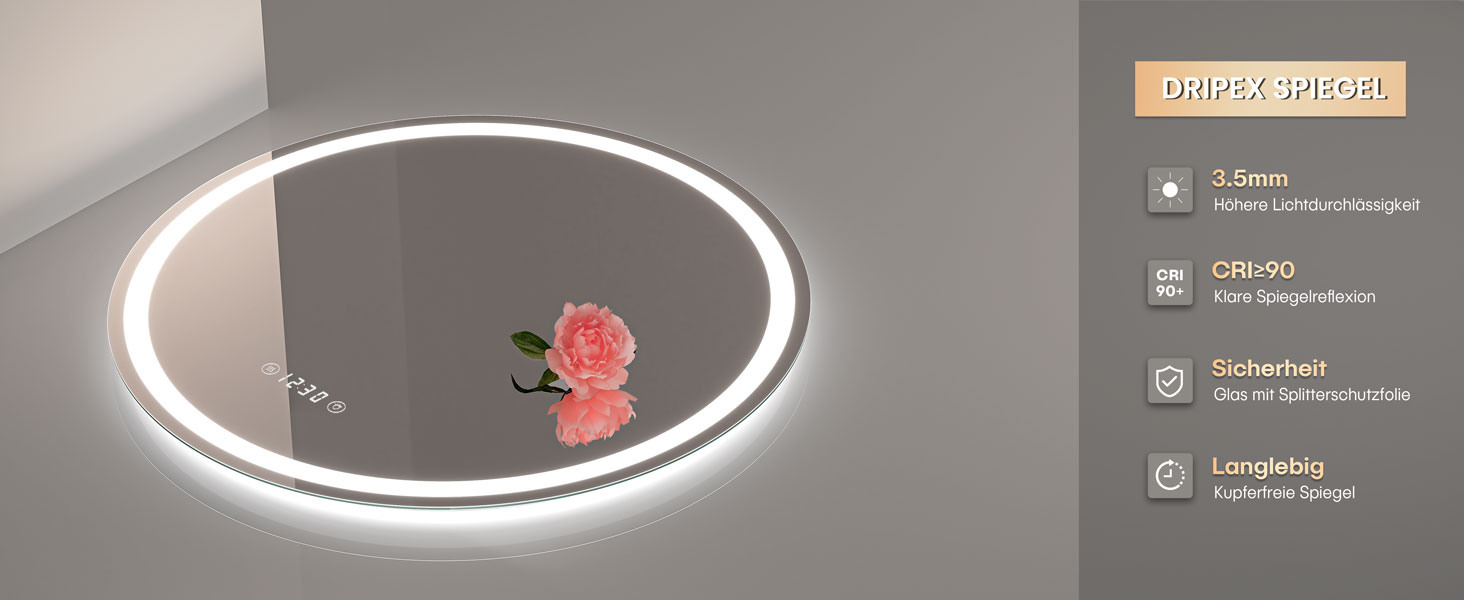 Дзеркало для ванної кімнати Dripex круглої форми з підсвічуванням LED, сенсорне керування, регулювання яскравості, 3 кольори світла, запобігання запотіванню, 60x60 см