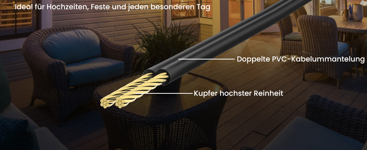 Ланцюжок прикрас для вулиці на електромережі 15М з 25+2 G40 LED лампами. Водостійкий IP65, тепле біле світло 2700K. Для саду, тераси, святкування. Чорний колір.