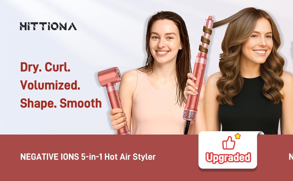 HITTIONA Airstyler 5 в 1: фен, плойка для локонів Auto-Wrap, іонізація, швидка сушка, захист від перегріву, об'єм та шовковистість, з чохлом (корал-червоний)