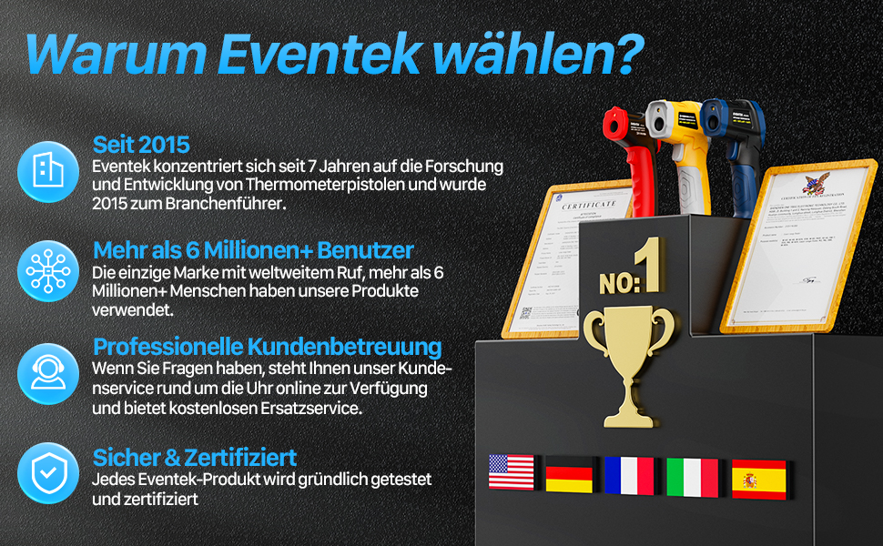 Інфрачервоний термометр Eventek -50°C до 600°C з лазером, регульований коефіцієнт випромінювання, цифровий, для гриля, піци, кухні, промисловості
