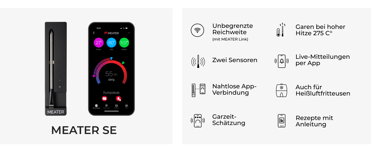 MEATER SE – Бездротовий смарт термометр для м'яса з Bluetooth, вимірюванням внутрішньої та зовнішньої температури, для BBQ, духовки, гриля, коптильні, з чорним зарядним пристроєм