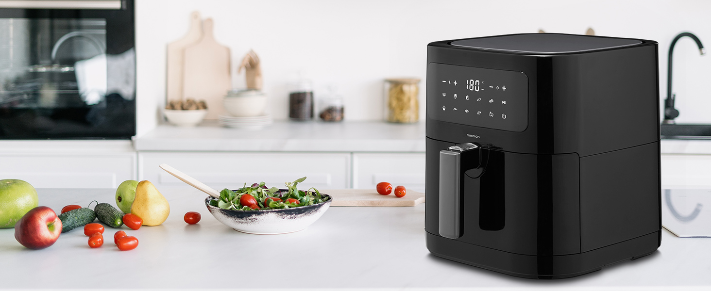 MEDION E40 XL Фритюрниця з гарячим повітрям (5.2 л, Airfryer, 2150 Вт, 9 автоматичних програм, функція випікання, без олії, сенсорне керування, LED дисплей, MD 11740) чорна