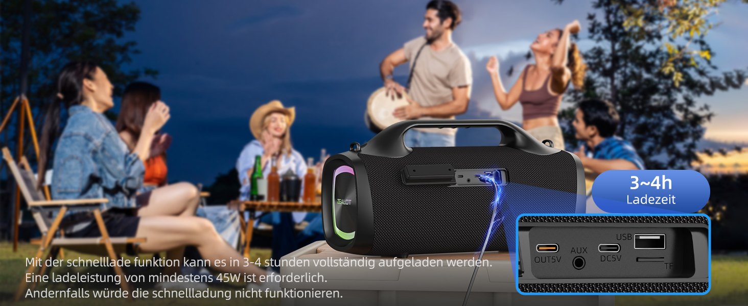 ZEALOT Bluetooth колонка 100W, XBass, Bluetooth 5.2, USB-C, 24000mAh, IPX6 водонепроникна, для кемпінгу, пляжу, басейну, саду - Чорна
