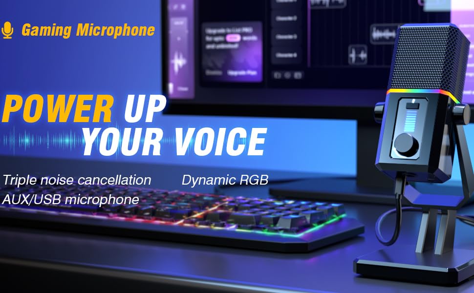 Мікрофон Facmogu HK2 для геймінгу та стрімінгу з RGB-підсвічуванням, USB, динамічний, для ПК, комп'ютера, Twitch, подкастів