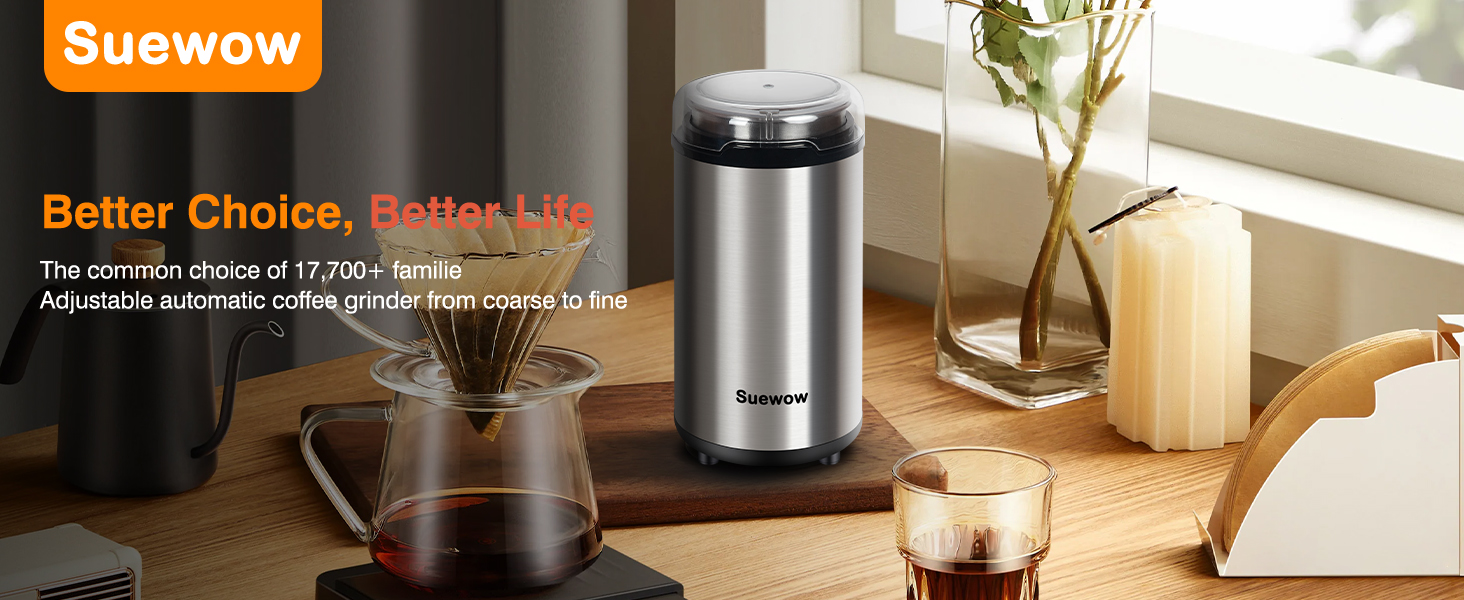 Електрична кавомолка Suewow: потужний 200W мотор, для кави, спецій, горіхів. Багатофункціональна, велика ємність (срібна)