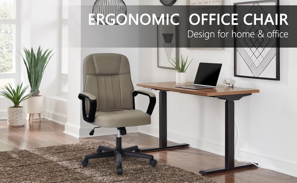 Офісне крісло MIXASTEP з PU-шкірою, регульована висота, поворотне, з підлокітниками, 360° коліщатка, для роботи, навчання, геймінгу (колір шампань)