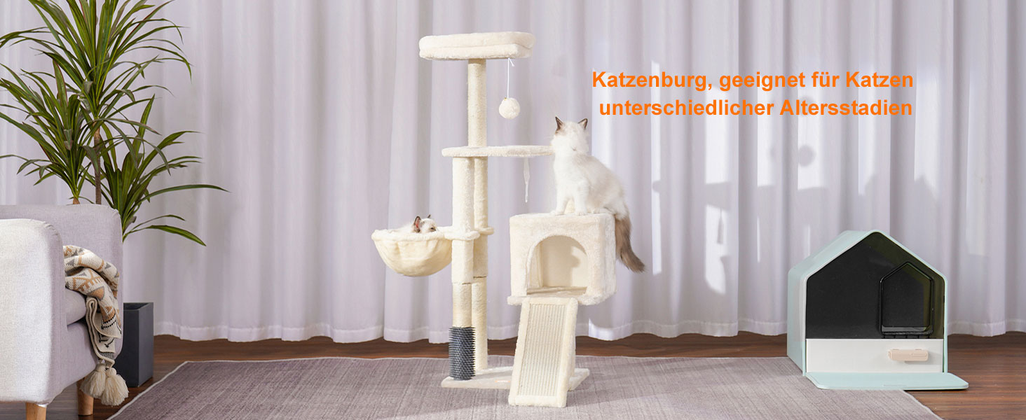 Котячий будиночок Heybly з щіткою для котів, котячий будиночок для домашніх котів з м'якою підставкою з плюшу, котячий когтетоп з кошиком, когтеточкою та когтедровом, HCT005SG (Бежевий)