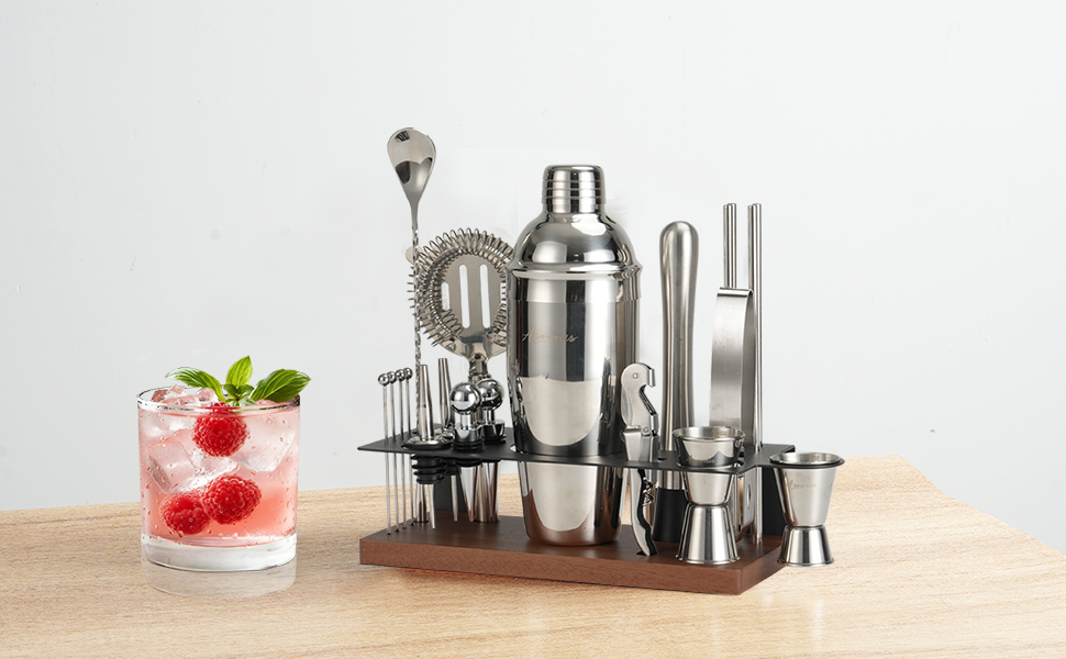 Набір бармена 23 предмети: шейкер, сито, ложка, мадлер, барні інструменти для дому, бару, вечірки (колір: коричневий)