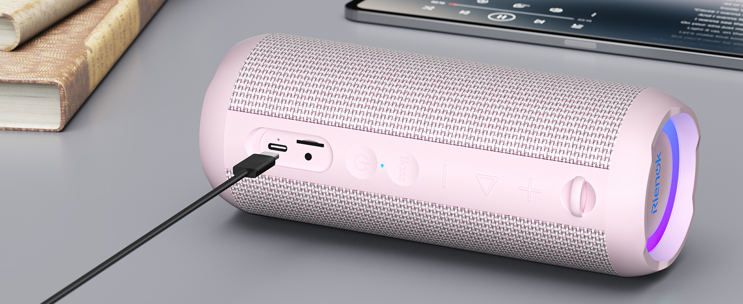 Bluetooth портативна колонка RIENOK з підсвіткою, IPX7, рожева, 3600 mAh