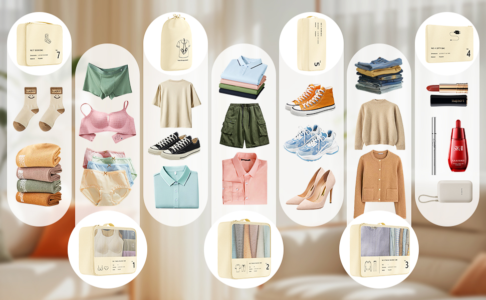 Органайзер для валізи Yomisee, набір 7 шт. - сумка-органайзер для подорожей, бежевий