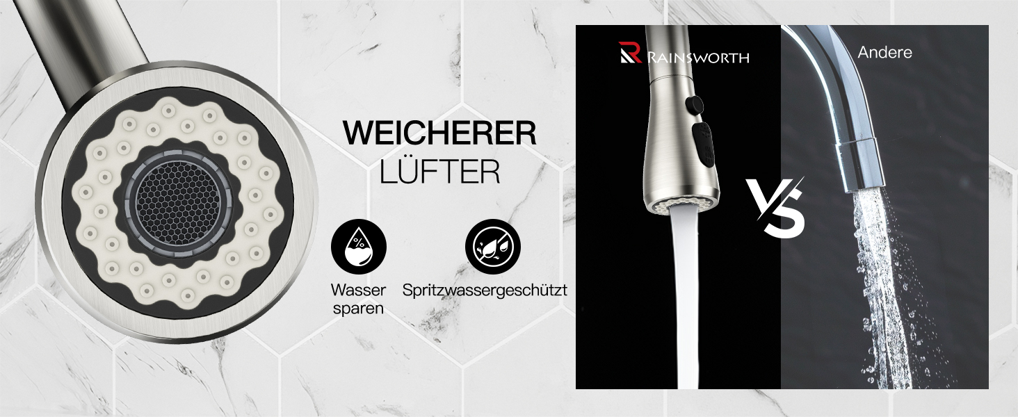 Кухонний змішувач Rainsworth з висувною лійкою та душем, високопродуктивний, з двома типами струменя, поворотний на 360°, з нержавіючої сталі, проста установка, висота 56 см