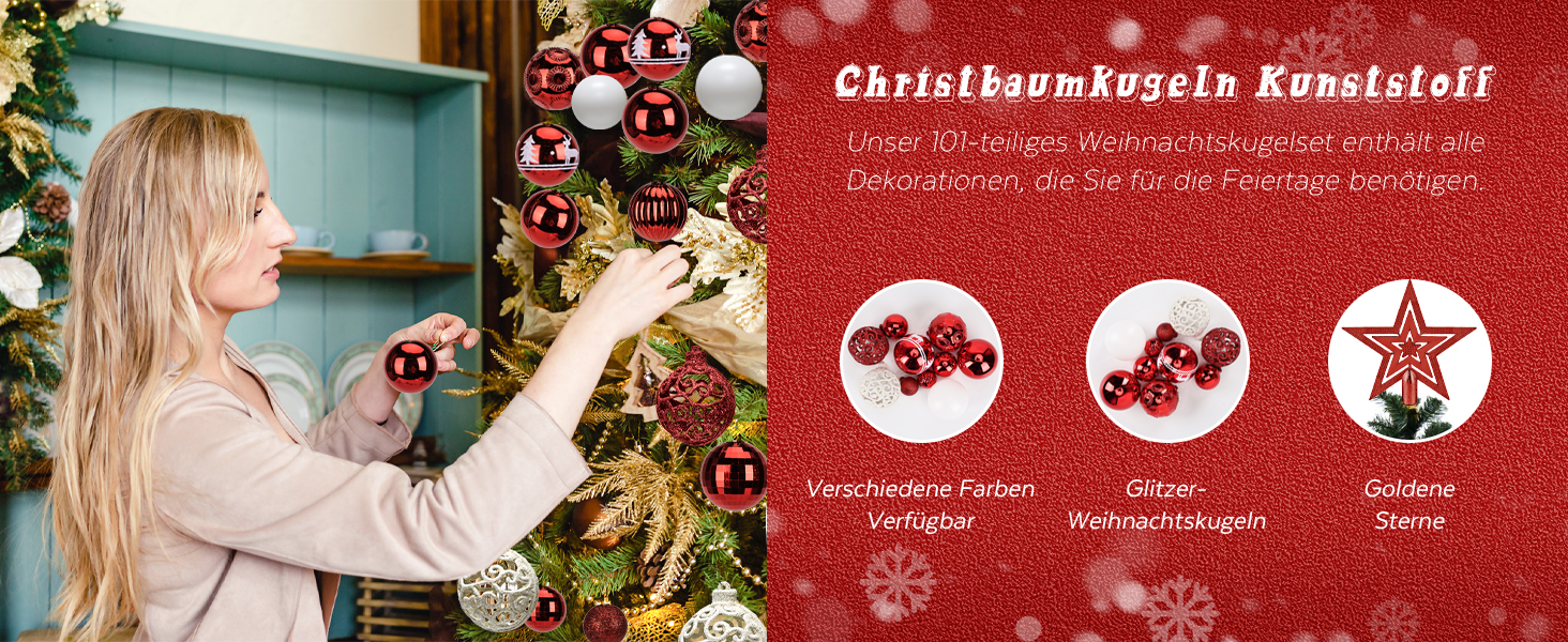 Набір прикрас на ялинку 101 шт., новорічний декор, пластикові кулі для ялинки, кулі на ялинку, зірка на верхівку, матові, глянцеві, багаторазові ялинкові кулі, 3, 4 та 6 см (червоні)