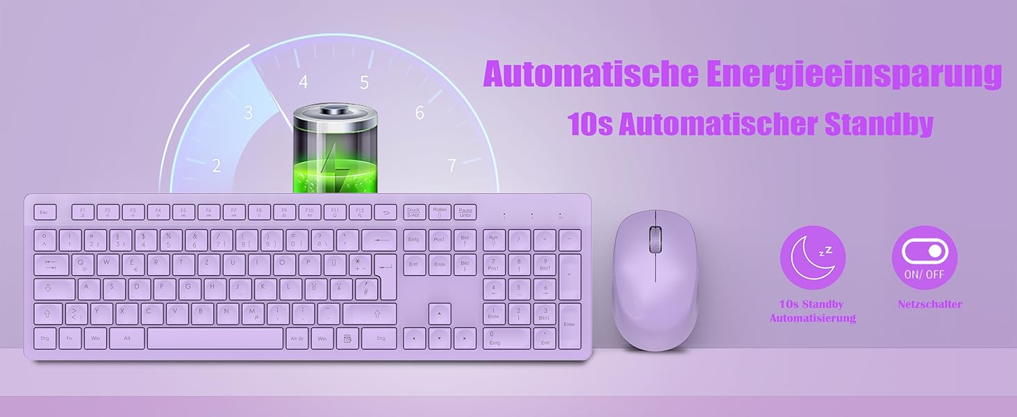Бездротовий комплект клавіатури та миші Leadsail K786 з цифровою клавіатурою QWERTZ (Німецька) - тиха клавіатура, 2.4 GHz, USB Nano приймач для ПК/ноутбука (фіолетовий)