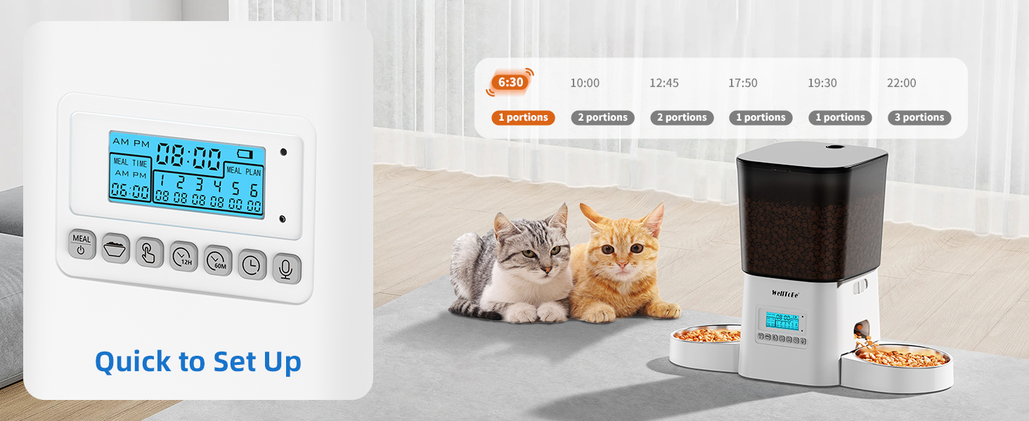 Автоматичний годівниця для котів WellToBe з 2 мисками, 3,5 л, для 2 котів та маленьких собак, запис 10 секунд та таймер, 1-6 прийомів їжі/день, білий