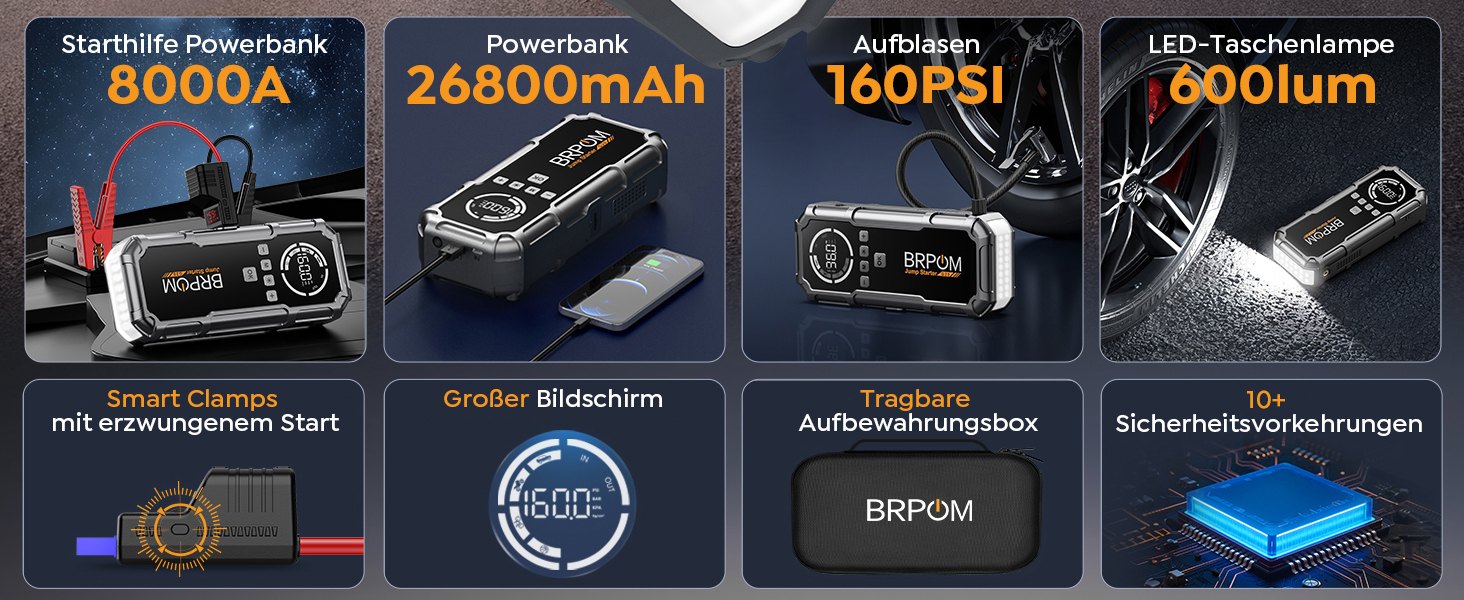Powerbank Starthilfe BRPOM 8000A з компресором 160PSI для автомобілів, 26800mAh, підтримка бензинових та дизельних двигунів (12.0L), LED-ліхтар 600LUM, сріблясто-сірий колір