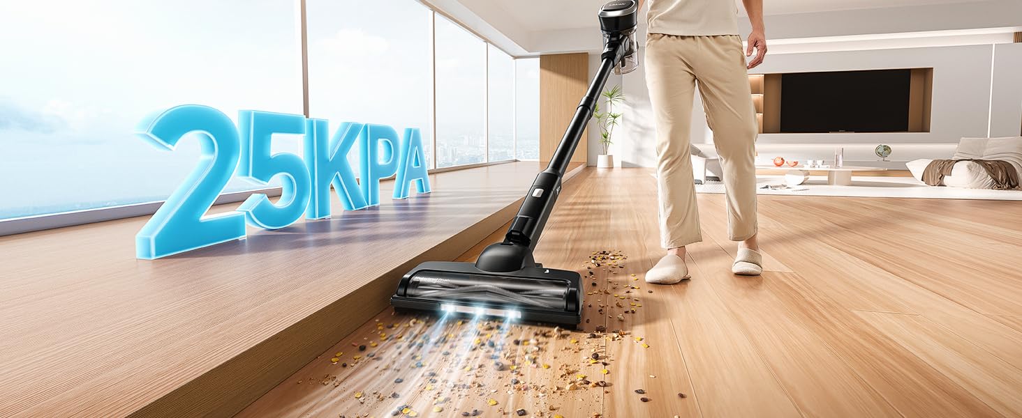 Бездротовий акумуляторний пилосос Lubluelu з LED-щіткою, HEPA-фільтром, потужністю 220W та 25kPa, час роботи до 50 хвилин, для твердих поверхонь, шерсті тварин та килимів (чорний)