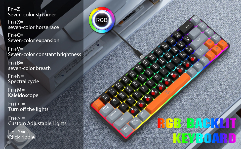 Ігрова клавіатура Snpurdiri з RGB підсвічуванням, механічний відгук, компактна, ергономічна, для офісу та ПК (63 білий/чорний/оранжевий, 68 чорний/сірий/оранжевий)