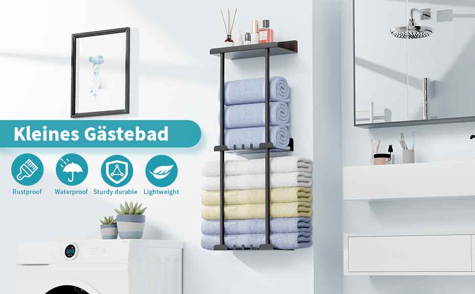 Тримач для рушників без свердління, чорний, з 6 гачками та полицею для ванної кімнати та кухні