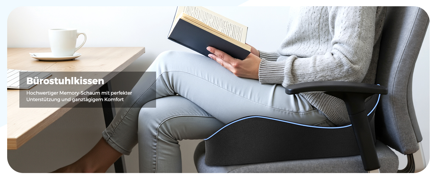 Подушка для сидіння POOTACK з memory foam - для офісного крісла, автосидіння та дому, м'яка підтримка спини, дихаючий чохол, блакитно-чорний