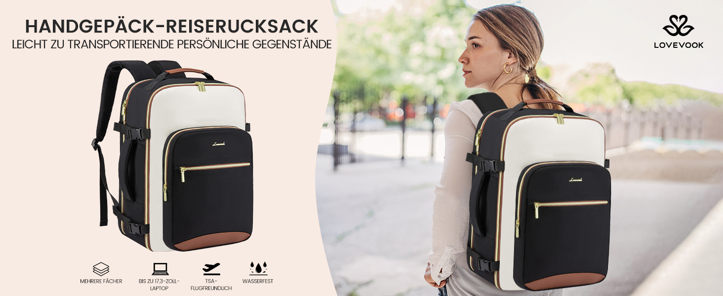 Рюкзак LOVEVOOK для ручної поклажі літака, 40L, водонепроникний, для ноутбука 17 дюймів, для подорожей, школи, роботи, кемпінгу, чоловічий/жіночий, бежевий+чорний+коричневий