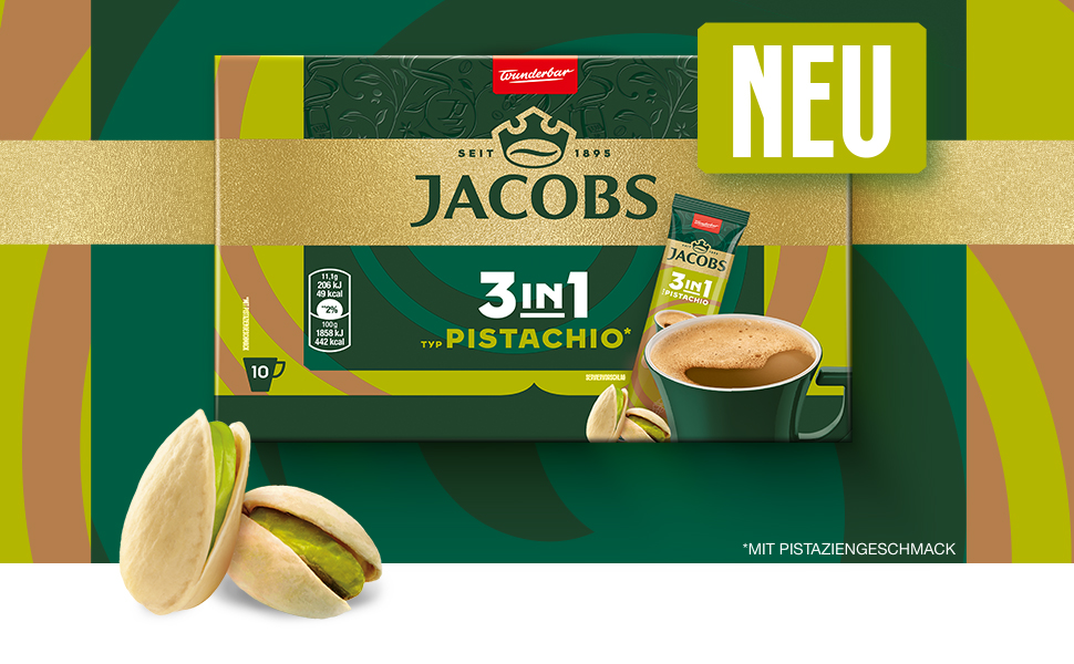 Кава розчинна 3в1 Jacobs Instant Kaffee Sticks з цукром та вершками, смак Фісташка, 120 стіків (1.33 кг)