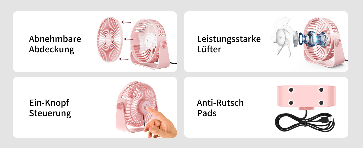 Триполю USB Настільний Вентилятор, 3 швидкості, регульований, потужний потік повітря, 360° обертання, кабель 1,5 м, рожевий, компактний міні-вентилятор