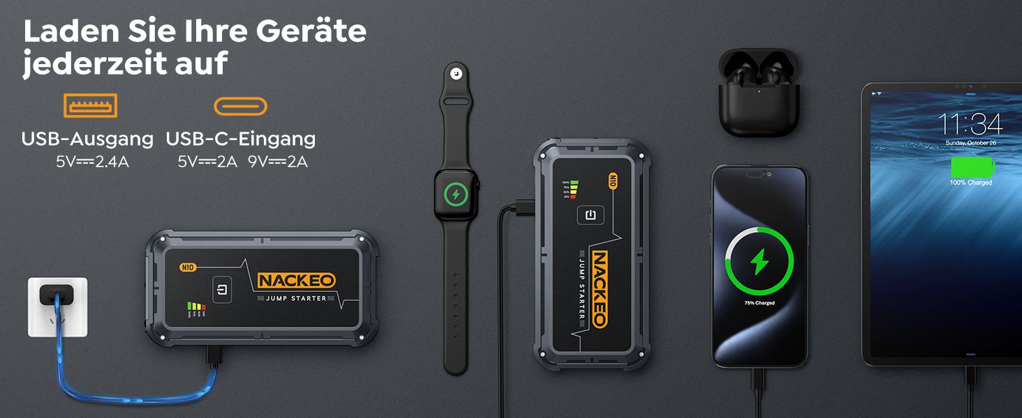 Портативний акумулятор Starthilfe для автомобіля, 12V, бустер для запуску двигуна (бензин до 10L, дизель), з кабелями та LED ліхтариком, для SUV, вантажівок, мотоциклів (5000A)