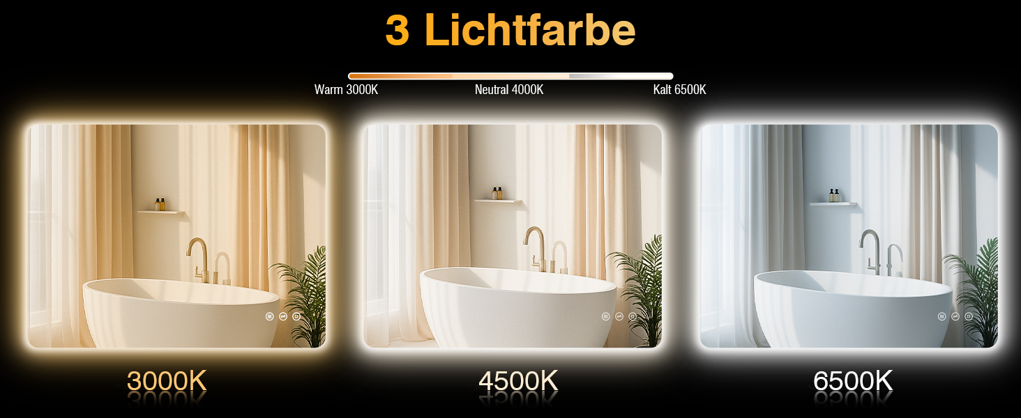 Дзеркало для ванної кімнати з підсвічуванням 50x70 см, LED, антизапарник, 3 кольори світла, регулювання яскравості, прямокутне, сенсорне управління, пам'ять, горизонтальна/вертикальна установка (без рамки, 3 кольори світла, регулювання яскравості, антизапарник)