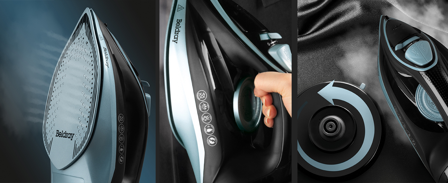 Праска Beldray 2600 Вт – керамічна підошва з антипригарним покриттям, регулювання температури та пари, самоочищення, резервуар 280 мл, до 140 г/хв, висока потужність (EU-штепсель, блакитний)