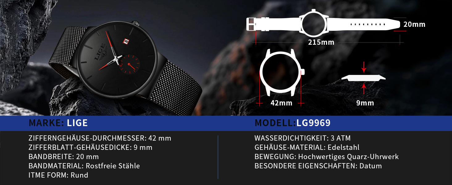 Годинник чоловічий LIGE Retro з металевим браслетом, водонепроникні, аналогові, кварцові, з датою, стильні, для бізнесу та повсякденного носіння (червоний, чорний)