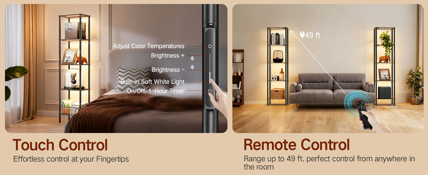 Стійка лампа з полицею, LED, регулювання яскравості, 3 колірні температури, сенсорне та дистанційне керування, полиця для книг, дерев'яна стійка, сучасний дизайн для вітальні, спальні, офісу (Rustic Brown)