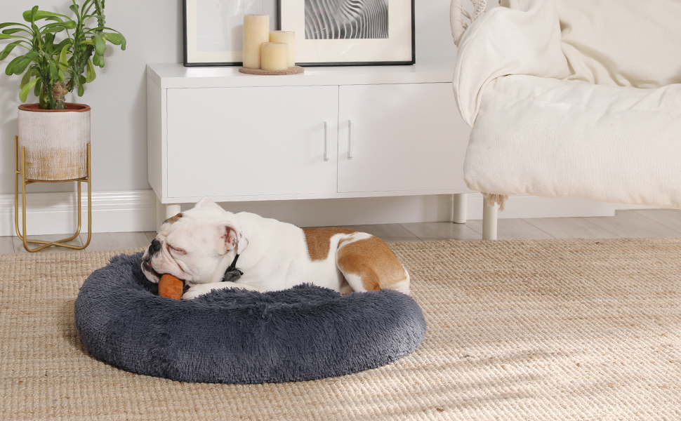 Кругле ліжко для собак та котів Feandrea з м'яким плюшем, діаметр 60 см, колір Ombré-Grey, знімний наповнювач, 90x90x20 см, темно-сірий