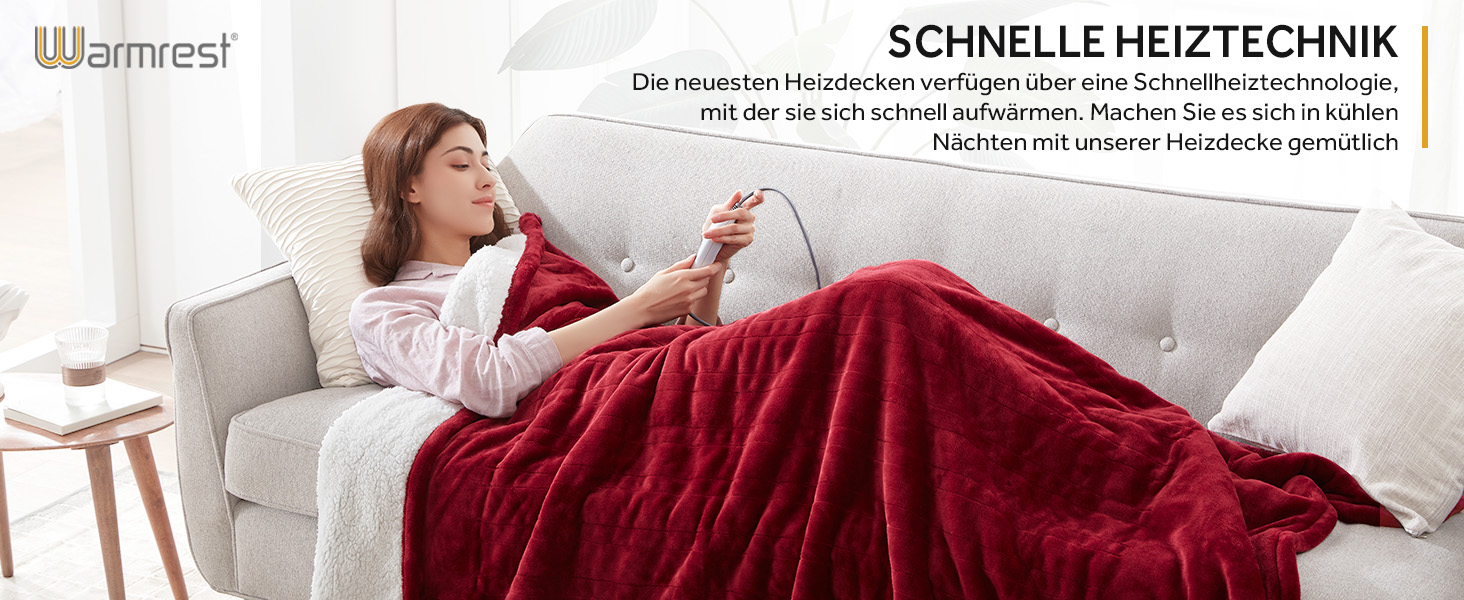 Електрична ковдра Warmrest, 130x180 см, фланель-шерпа, 6 температурних режимів, таймер 1-10 год, захист від перегріву, машинне прання