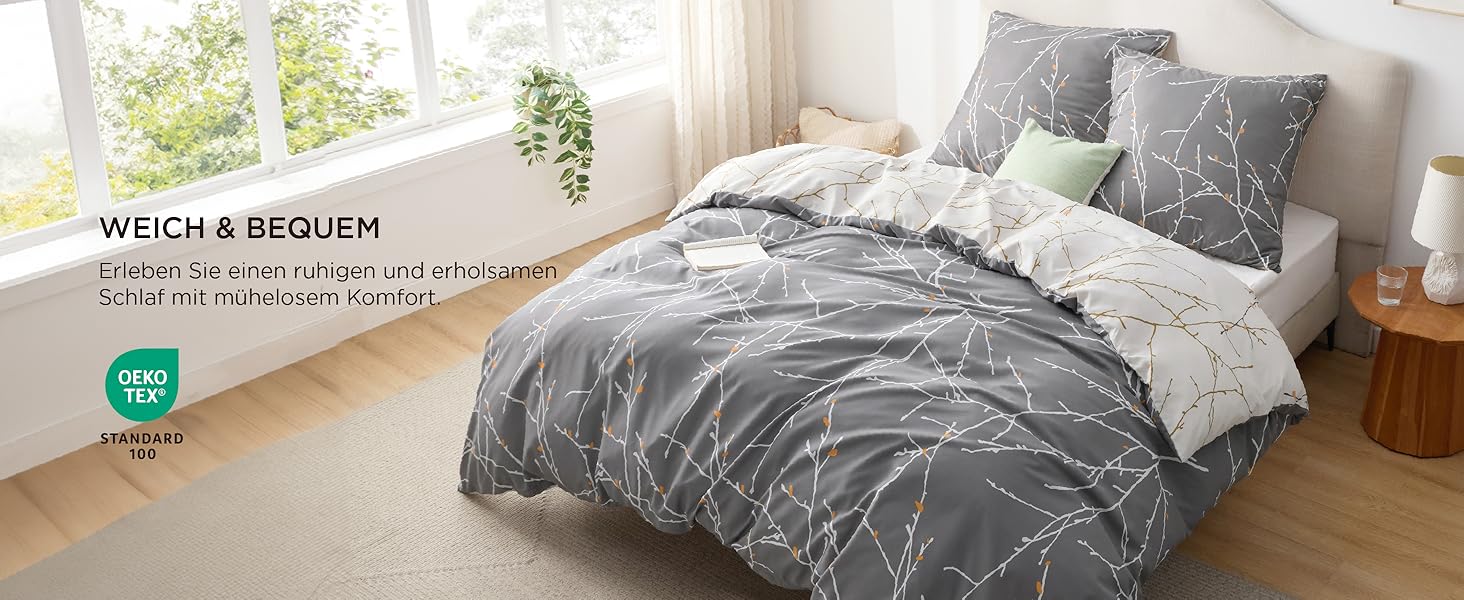BEDSURE Комплект постільної білизни 135x200 4-х частинний: простирадло, ковдра та 2 наволочки 80x80 см. Одностороння постільна білизна з гілками, сірий колір, з блискавкою, сертифікат ÖKO-TEX.