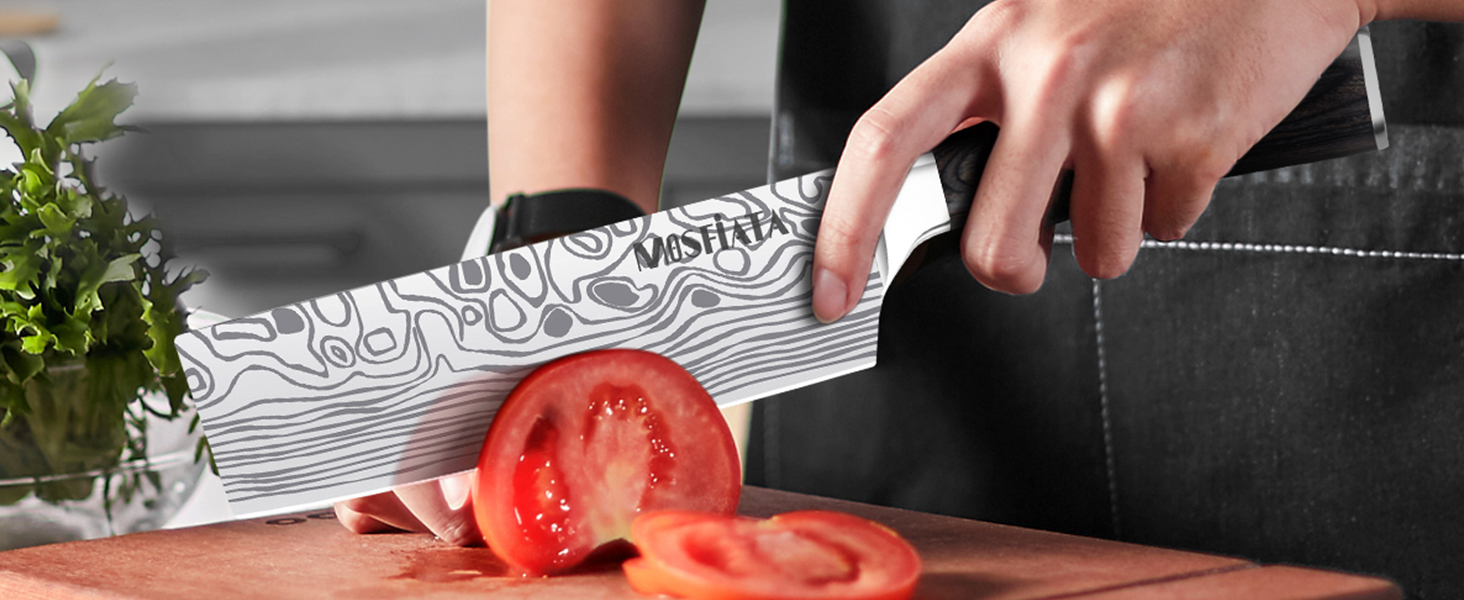 Набір кухонних ножів MOSFiATA 5 предметів з високоякісної вуглецевої нержавіючої сталі: Ніж Накірі 18 см, Універсальний ніж 13 см, Ніж для хліба, Точилка для ножів та Подарункова коробка
