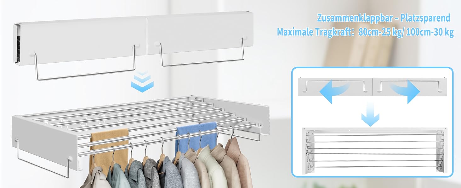 Настінний сушильник для білизни з довгими стіжками, 5 ліній сушіння, розкладний, для дому та вулиці, ванна кімната (білий, 80 см)